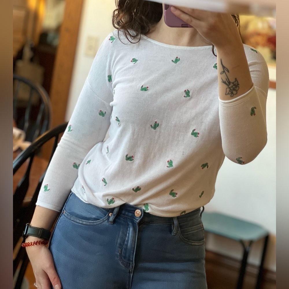 3/4 sleeve embroidered cactus shirt